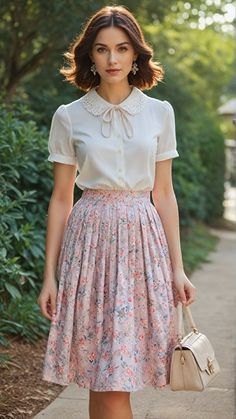 Feminine Blouse Outfit, 1950s Skirt Outfit, Classic Teacher Outfits, Sunday School Teacher Outfit, Elegant Church Outfits, Outfit Pleated Skirt, Timeless Outfits, Trendy Dress Outfits, Teacher Outfit