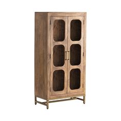 a tall wooden cabinet with glass doors and metal handles on one side, against a white background