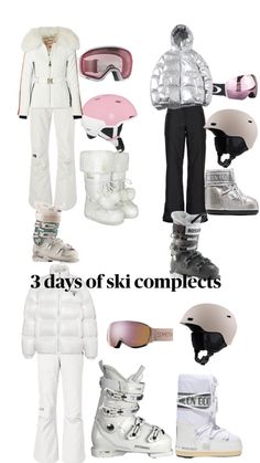 the snowboarder's gear is shown in three different positions, including helmets and skis