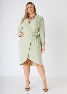 Medusa head on your body makes you look godly in our sexy stretch-knit faux wrap dress. Fitted Faux Wrap Dresses For Fall, Fitted Knee-length Faux Wrap Dress, Fitted Faux Wrap Midi Dress For Date Night, Fitted Knee-length Midi Dress With Faux Wrap, Chic Faux Wrap Midi Dress For Night Out, Fitted Faux Wrap Dress For Night Out, Fitted Faux Wrap Dress For Date Night, Chic Bodycon Dress With Surplice Neckline, Chic Faux Wrap Dress For Night Out