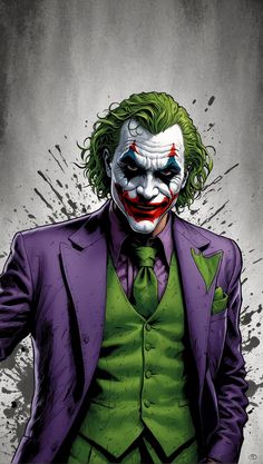 the joker is wearing a purple suit and green tie with his hands on his hips