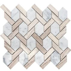 a white marble and wood mosaic tile with hexagons in the middle, on a white background