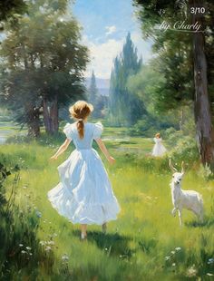 a painting of a girl in a white dress walking through a field with two goats