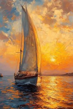 a painting of a sailboat in the ocean at sunset