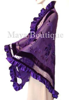 "DESCRIPTION: FROM MAYA COLLECTION THE MOST BEAUTIFUL AND VERSATILE WRAP ON THE MARKET ! WRAP YOURSELF IN ELEGANCE WITH THIS TRUE WEARABLE ART ! PURPLE COLOR WITH MATCHING GLASS BEADS DETAILS HUGE TRIANGLE SHAPE WRAP HIGH QUALITY SILK BURNOUT VELVET SATIN RUFFLES ON ALL 3 SIDES BEAD WORK ON THE VELVET AND INTRICATE BORDERS Measures: 58\"- 85\"- 58\" (AS A TRIANGLE) INCLUDING THE 3\" SATIN RUFFLES BORDERS INCREDIBLE HAND BEAD WORK BORDERS ( 2.5\" W) CONNECTS THE SATIN RUFFLES TO THE MAIN BODY OF Amaris Core, Silk Scarf Aesthetic, Scarf Aesthetic, Purple Silk Scarf, Purple Shawl, Rose Scarf, Bad Barbie, Ren Fair, Burnout Velvet