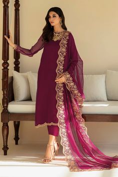 Purple Hand Embroidered Chiffon Suit at PinkPhulkari California Baroque Fabric, Phulkari Pants, Lucknowi Kurta, Bridal Dupatta, Shirt Trouser, Chiffon Sleeves, Kurta Dress, Embroidered Chiffon, Big Pearl