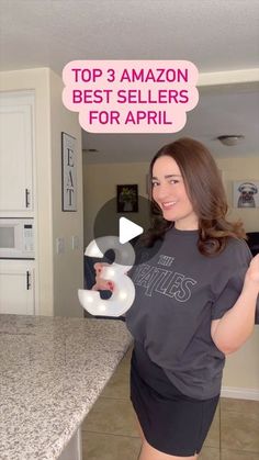 a woman is standing in front of a counter with the words top 3 amazon best sellers for