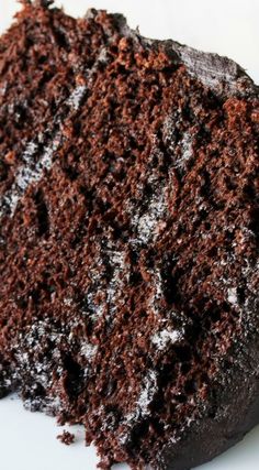 a piece of chocolate cake on a white plate