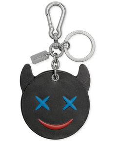 COACH Frisky Emoji Bag Charm Trendy Black Keychain With Key Leash, Trendy Black Keychains, Mischievous Emoji, Emoji Bag, Emoji Characters, Leather Crafting, Carabiner Clip, Leather Keyring, Ring Bag