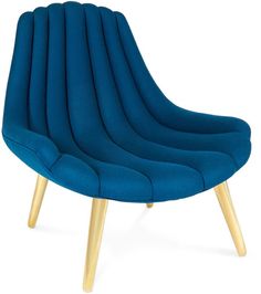 an upholstered blue chair with wooden legs