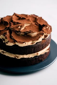 a chocolate cake with white frosting on a black plate