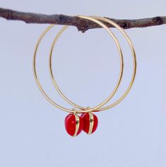 Elevate your accessory collection with these exquisite Gold filled Hoop With Red Enamel Heart Hoop Earrings, featuring a striking red heart design. Crafted with precision, these earrings combine elegance and playfulness, making them perfect for both casual and formal occasions. The vibrant red hue adds a pop of color, while the gold filled finish ensures durability and a luxurious shine. Ideal for gifting or personal indulgence, these heart-shaped hoops are a charming addition to any jewelry ens Red Hoop Pierced Jewelry, Red Pierced Hoop Jewelry, Red Hoop Pierced Earrings, Heart Charm Hoop Jewelry As Gift, Heart Charm Hoop Jewelry For Gifts, Hoop Jewelry With Heart Charm For Gifts, Red Round Heart Earrings For Gift, Red Heart Earrings For Gift, Small Hoop Heart Earrings For Valentine's Day Gift