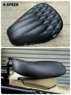 two pictures of the back and side seats of a motorbike, one with black stitching on it