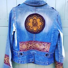 Beautiful customised denim jacket, size 12, Stunning female meditating embroidered patch finished with purple velvet piping, Purple silk detailed edging added to back and cuffs. A really unique design, only one made. Patch originally made in Belgium  Jacket originally made and sold by oasis retail. Jacket is a used item. Fitted Bohemian Outerwear With Patches, Fitted Hippie Denim Jacket, Fitted Bohemian Denim Jacket For Festivals, Hippie Fitted Denim Jacket For Festivals, Fitted Hippie Denim Jacket For Festivals, Female Meditating, Customised Denim Jacket, Embellished Denim Jacket, Denim Ideas