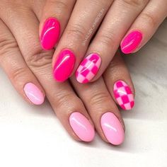 Cutest Barbie Nails For Every Kind of Barbie | Glamour Nail Design On Pink Nails, Toe Nail Colors Valentines, Valentine’s Day Nails Checkered, Barbie Pink Valentines Nails, Checker Nails Short, Valentines Day Nails Checker, Pink Nails With Checkered Accent, Checkered And Heart Nails, Easy Valentine Day Nails