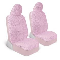 two pink car seats covered in fuzzy fabric, one is facing the camera and the other has