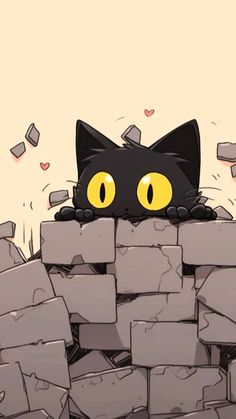 a black cat peeking out from behind a pile of bricks with yellow eyes on it's face