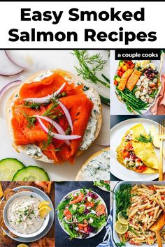 the cover of easy smoked salmon recipes is shown with pictures of different foods and vegetables