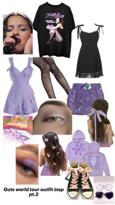 a collage of photos with clothes, shoes and accessories in purple tones on white background