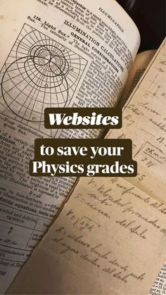 an open book with writing on it and the words website to save your physics grade