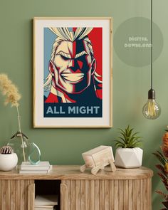 an art print hangs on the wall next to a wooden cabinet and potted plant