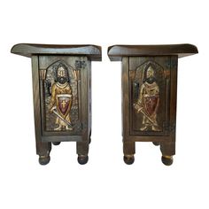 pair of antique wooden side tables with painted images on them, circa 1950's