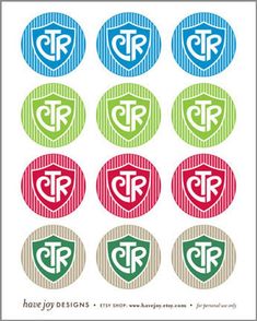 six different circular stickers with the letter p in various colors and designs on them