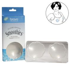 Bravo's clear, natural weight silicone Smoothies® (Style 5000, Clear) are soft, adhesive nipple covers. Bravo Smoothies® comfortably prevent nipple show-through. Runners, gymnasts and triathletes appreciate how well Smoothies® stay in place and prevent nipple chafing. Smoothies® stay in place and are reusable for multiple wears. Wear them swimming, in sports bras, strapless dress. Swim Cover, Sports Bras, Strapless Dress