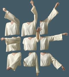 six images of a woman in white clothing with her arms spread out and hands extended