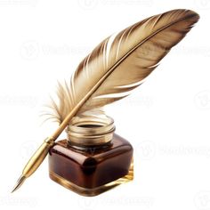 a quill and pen resting on top of a ink bottle with a golden feather