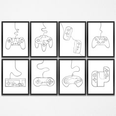 four black and white pictures with video game controllers in the middle, one on each side