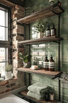 a bath room with a tub and a shelf filled with items next to a window