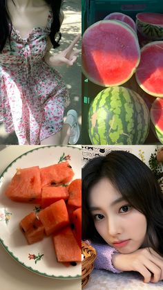 there are pictures of watermelon on the table and in the background is a doll