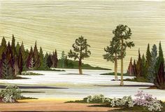 a painting of trees and snow in the distance with mountains in the back ground behind them