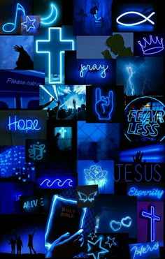 a collage of neon signs and symbols