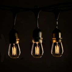 three light bulbs hanging from a wire in the dark