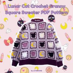 a purple sweater with cats on it and the words luna cat crochet granny square sweater