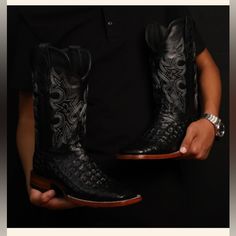 Black Argentine Crocodile Leather Boots Square Toe 100% Cowhide Leather Leather Soles Leather Stacked Heels Square Toe Handcrafted Pull Straps Double Stitched Welt Full Cowhide Leather Lining Lemon Wood Pegs Leather Boots With Crocodile Pattern For Formal Occasions, Western Leather Boots With Crocodile Pattern, Western Formal Boots With Crocodile Pattern, Luxury Snip Toe Boots With Crocodile Pattern, Luxury Crocodile Pattern Snip Toe Boots, Western Black Boots With Crocodile Pattern, Black Western Boots With Crocodile Pattern, Luxury Black Square Toe Boots, Texas Ranch