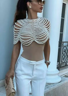 Pearl Top Outfit, Beaded Crop Top, Shoulder Necklace, Afrikaanse Mode, Mode Abaya, Festival Tops, Body Chain Jewelry, Fashion Sewing