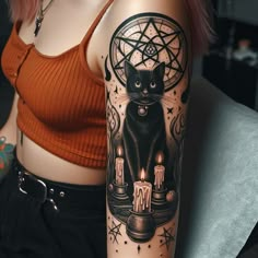 Black Cat Sleeve Tattoo, Halloween Tattoo Witch, Black Cat Arm Tattoo, Goth Girl Tattoo, Witch Cat Tattoo, Eerie Tattoos, Witchy Cat Tattoo, Witch Aesthetic Tattoo