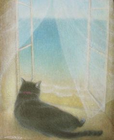 a drawing of a black cat sitting on a window sill looking out at the ocean