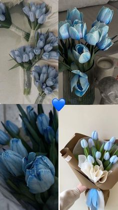 blue flowers are in vases on the table