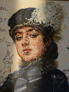 an altered portrait of a woman wearing a black hat and fur coat with feathers on her head