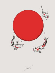 two koi fish swimming in front of a red circle