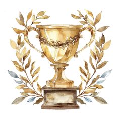 a watercolor painting of a trophy with leaves around it