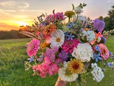 a person holding a bouquet of flowers in front of the sun setting over a field