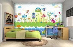 a room with a bed, desk and wall mural in the middle is decorated with colorful flowers