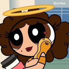 a cartoon character holding a cup with a halo on her head