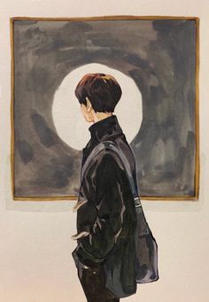 a painting of a person looking at a large artwork