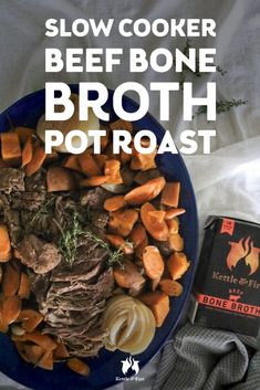 slow cooker beef bone broth pot roast on a blue plate next to an open book